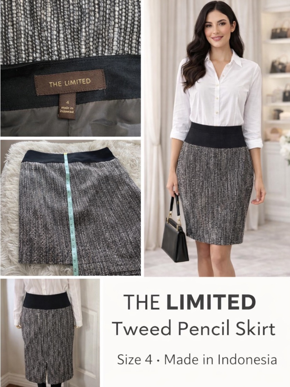 The Limited Tweed Pencil Skirt Size 4 Wide Waistband Career Office Workwear - Picture 2 of 9
